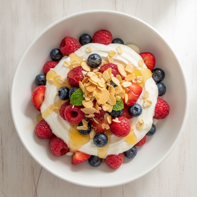 Creamy Greek Yogurt Parfait with Mixed Berries and Almonds