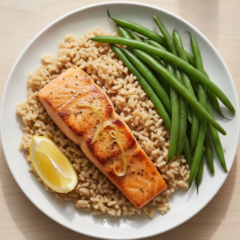 Seared Salmon Fillet with Steamed Green Beans and Brown Rice