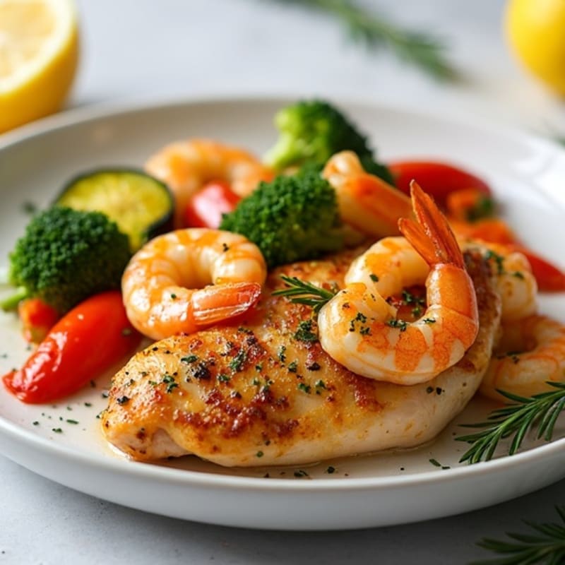 Lemon Garlic Roasted Chicken and Shrimp with Roasted Vegetables