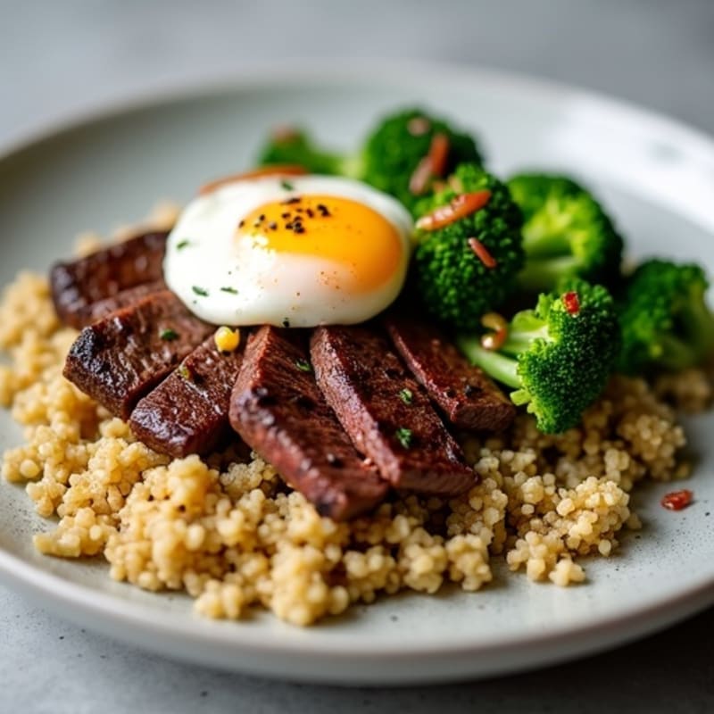 Seared Beef Strips with Steamed Broccoli and Quinoa