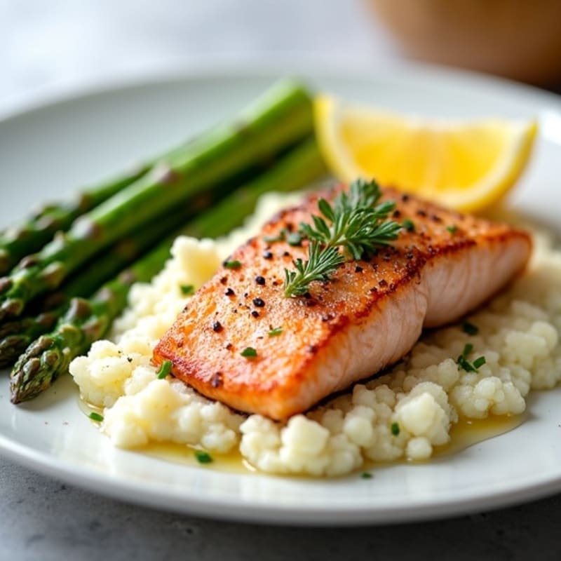 Seared Salmon with Steamed Asparagus and Cauliflower Mash