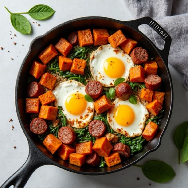 Crispy Sweet Potato and Chicken Sausage Skillet with Baked Eggs