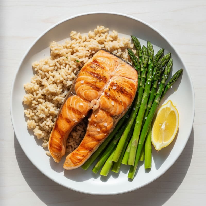 Seared Salmon Fillet with Steamed Asparagus and Brown Rice