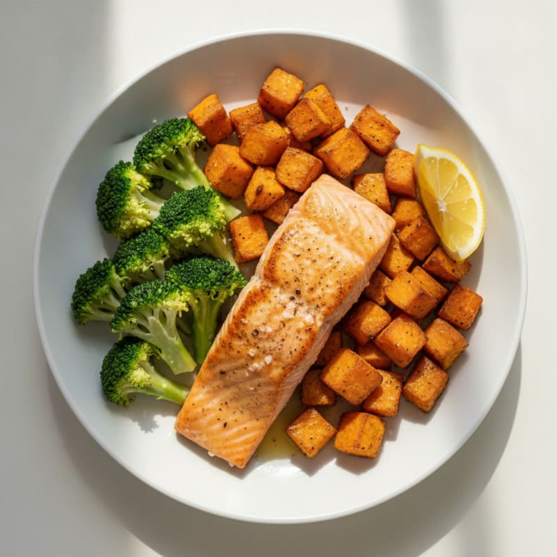 Seared Salmon with Roasted Sweet Potatoes and Steamed Broccoli