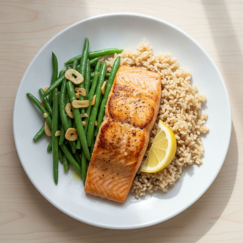 Seared Salmon with Garlic Green Beans and Brown Rice