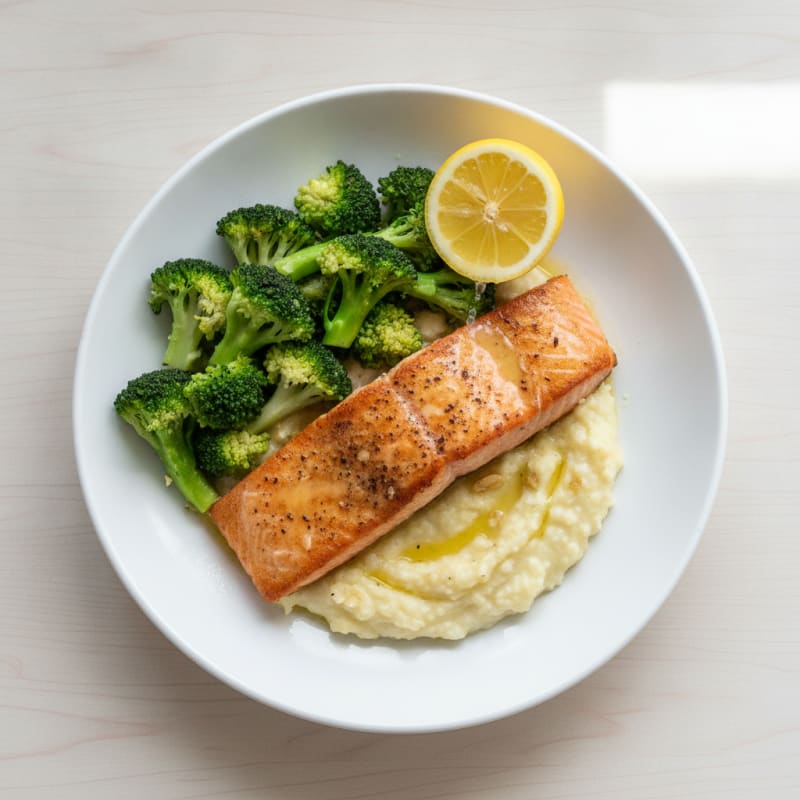 Seared Salmon with Steamed Broccoli and Garlic Cauliflower Mash