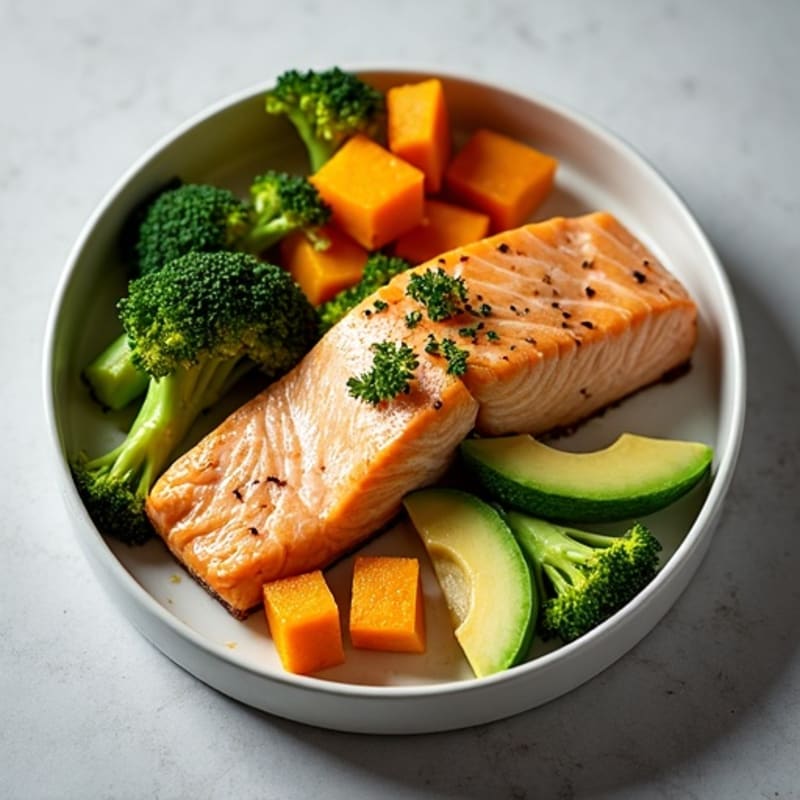 Roasted Salmon with Pumpkin, Broccoli, and Fresh Avocado