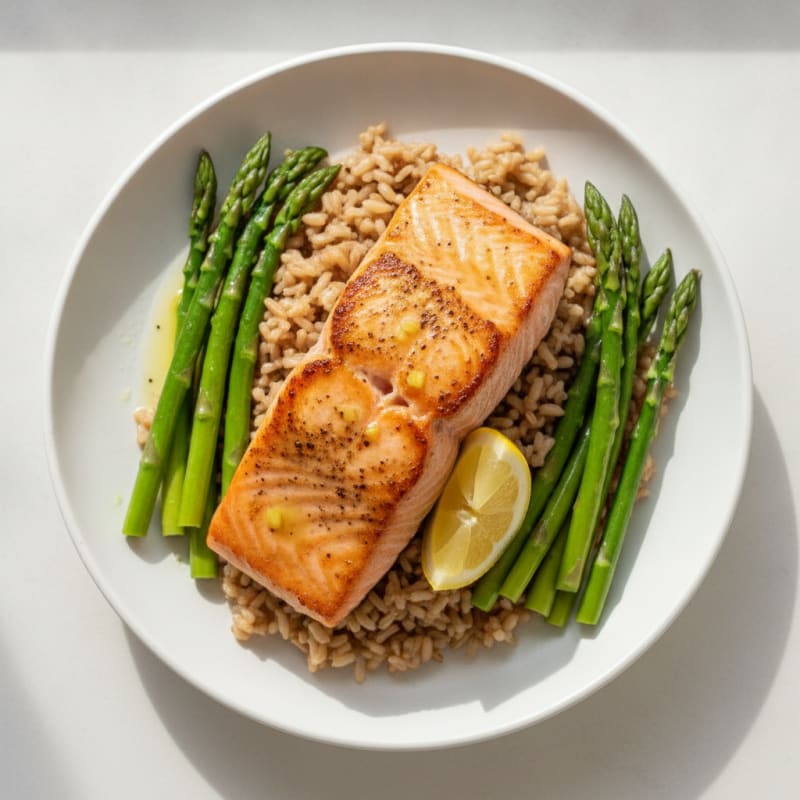 Seared Salmon Filet with Steamed Asparagus and Brown Rice