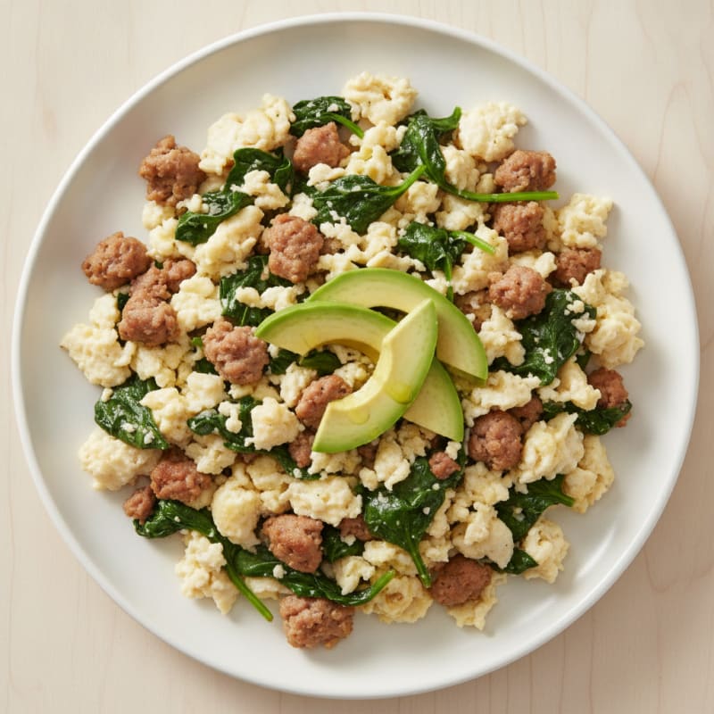 Egg White and Turkey Sausage Scramble with Sautéed Spinach