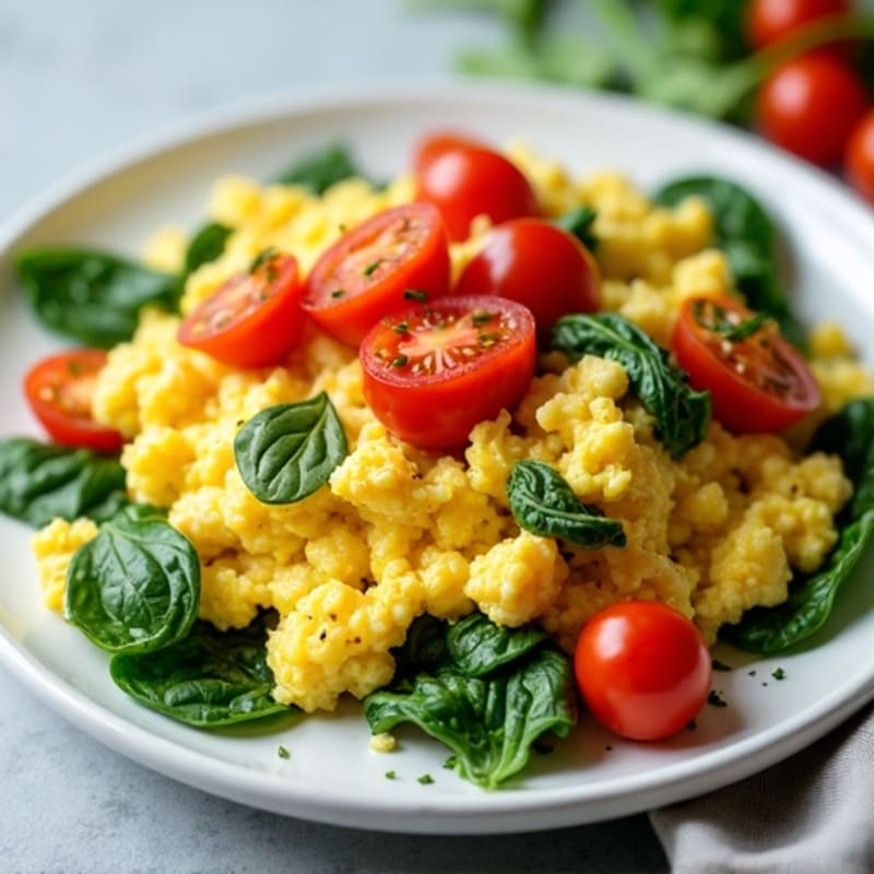 Fluffy Scrambled Eggs with Fresh Spinach and Cherry Tomatoes