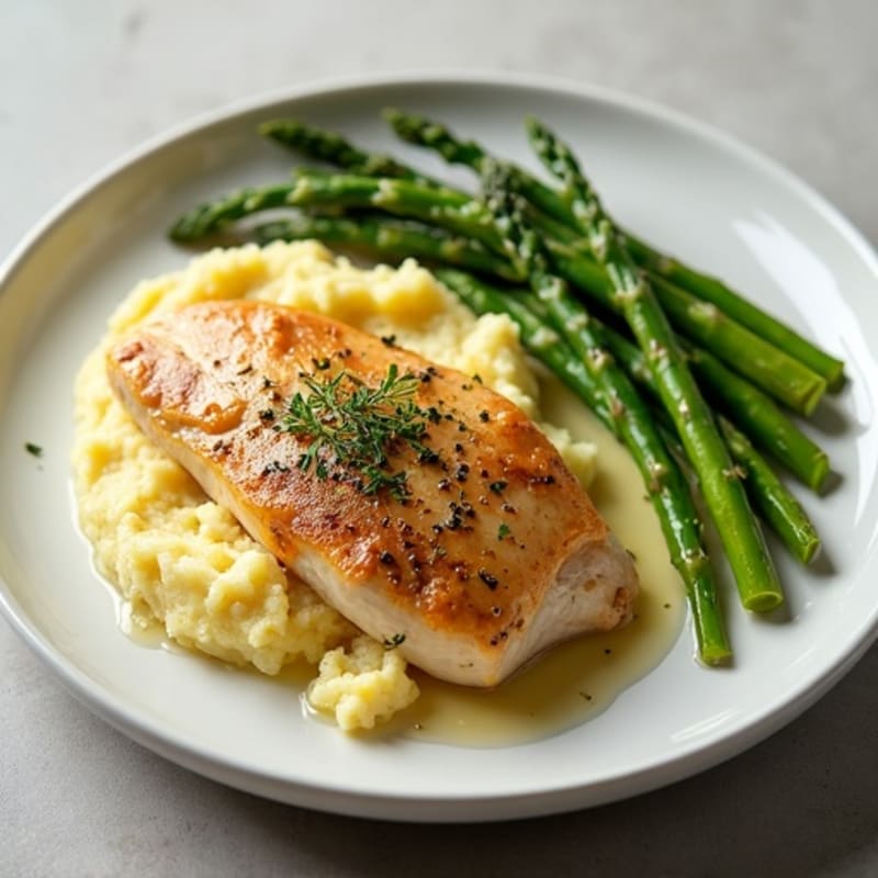 Pan-Seared Garlic Chicken with Creamy Mashed Potatoes and Roasted Asparagus
