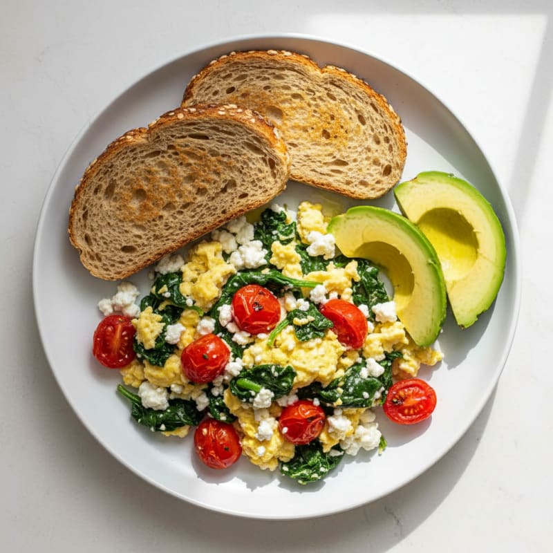 Cottage Cheese Scramble with Sautéed Spinach and Cherry Tomatoes