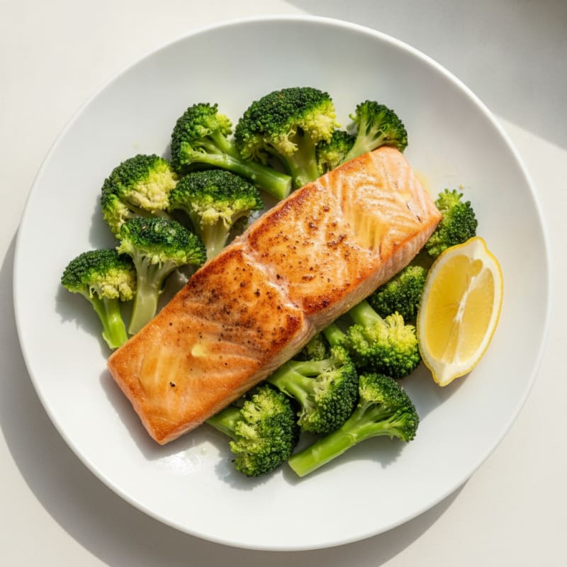 Seared Salmon Fillet with Steamed Broccoli and Lemon
