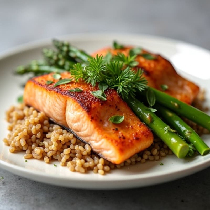 Seared Salmon with Steamed Asparagus and Brown Rice