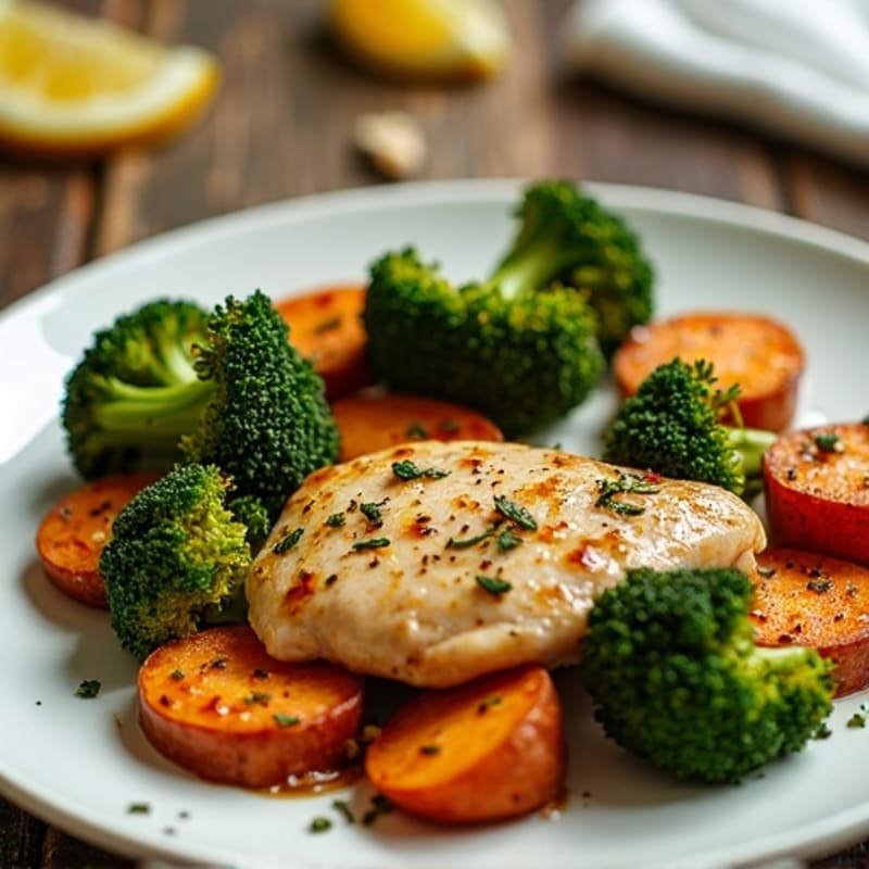 Sheet Pan Lemon Herb Chicken with Crispy Broccoli and Roasted Sweet Potatoes