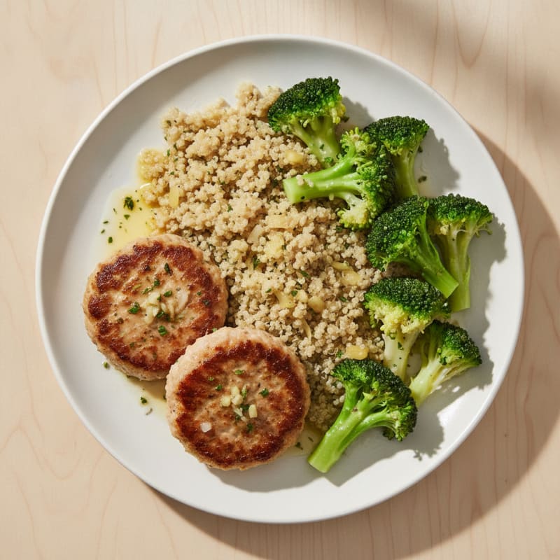 Seared Turkey Patties with Steamed Broccoli and Quinoa