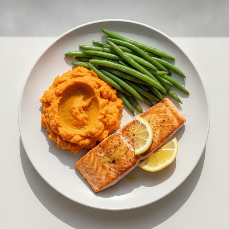 Seared Salmon with Steamed Green Beans and Sweet Potato Mash