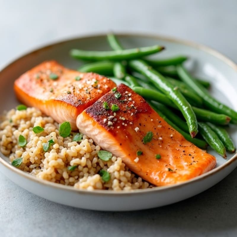 Pan-Seared Salmon with Garlic Green Beans and Brown Rice