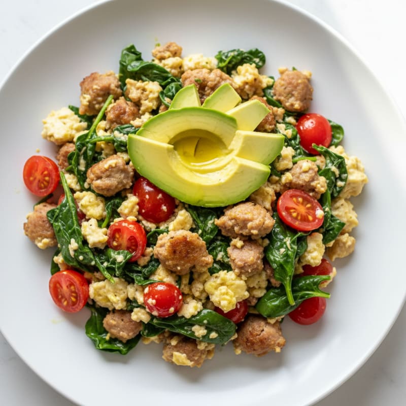 Egg White and Turkey Sausage Scramble with Spinach and Tomatoes