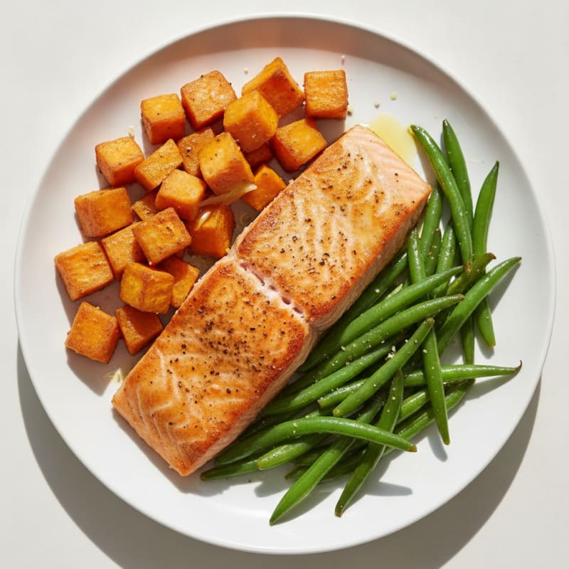 Seared Salmon Fillet with Roasted Sweet Potato and Green Beans
