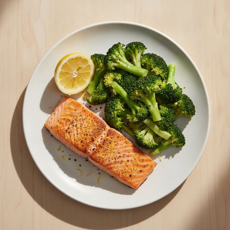 Seared Salmon with Steamed Broccoli and Lemon