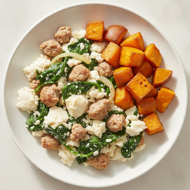 Egg White and Turkey Sausage Scramble with Spinach and Roasted Sweet Potato