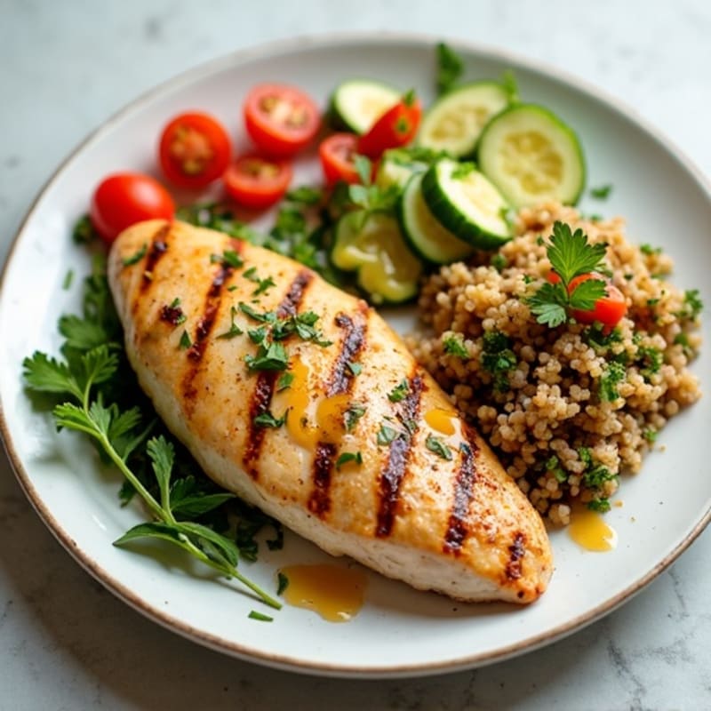 Grilled Chicken Breast with Quinoa Tabbouleh and Lemon Tahini Drizzle