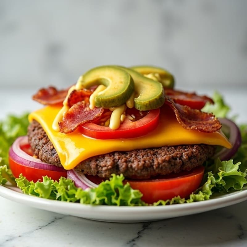Lean Ground Beef Cheeseburger Salad with Crispy Bacon and Fresh Toppings