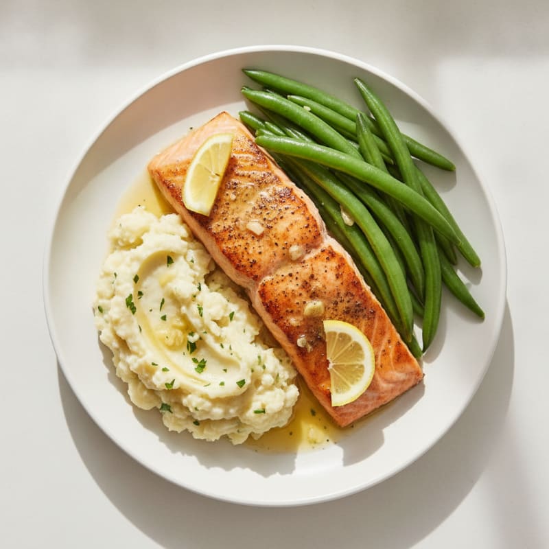 Seared Salmon Fillet with Steamed Green Beans and Garlic Mashed Cauliflower