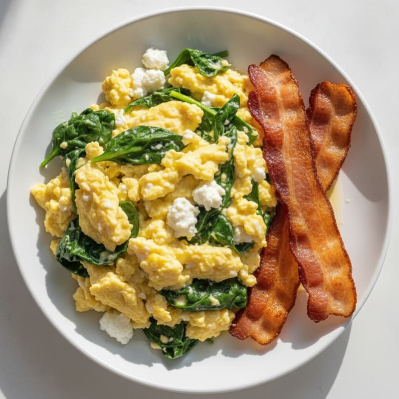 Cottage Cheese Scramble with Spinach and Turkey Bacon