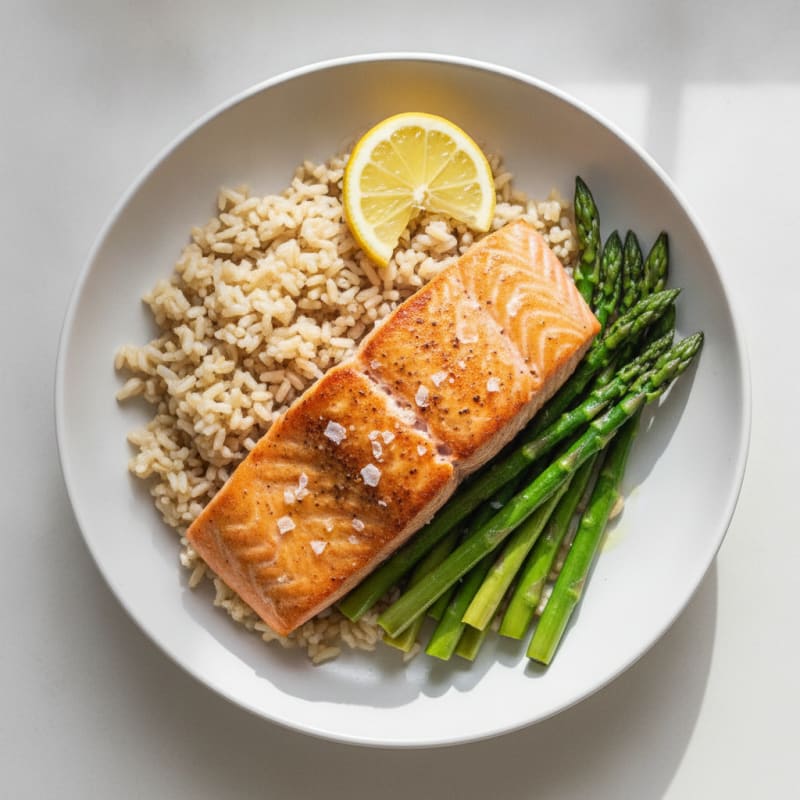 Seared Salmon Fillet with Steamed Asparagus and Brown Rice