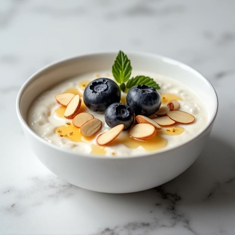 Vanilla Protein Yogurt Bowl with Sliced Almonds and Blueberries