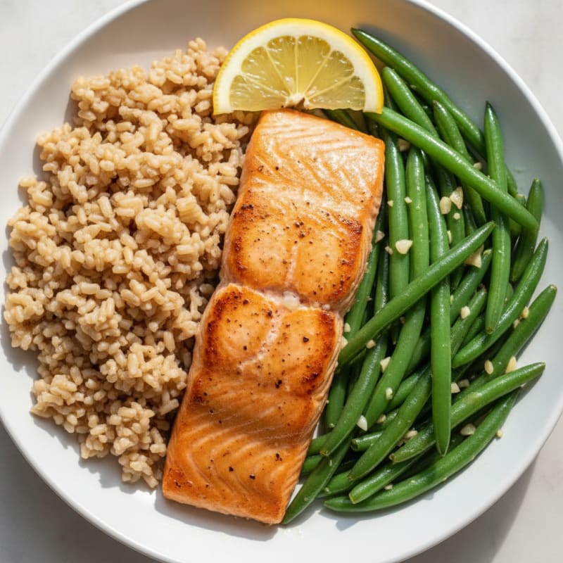 Seared Salmon with Garlic Green Beans and Brown Rice