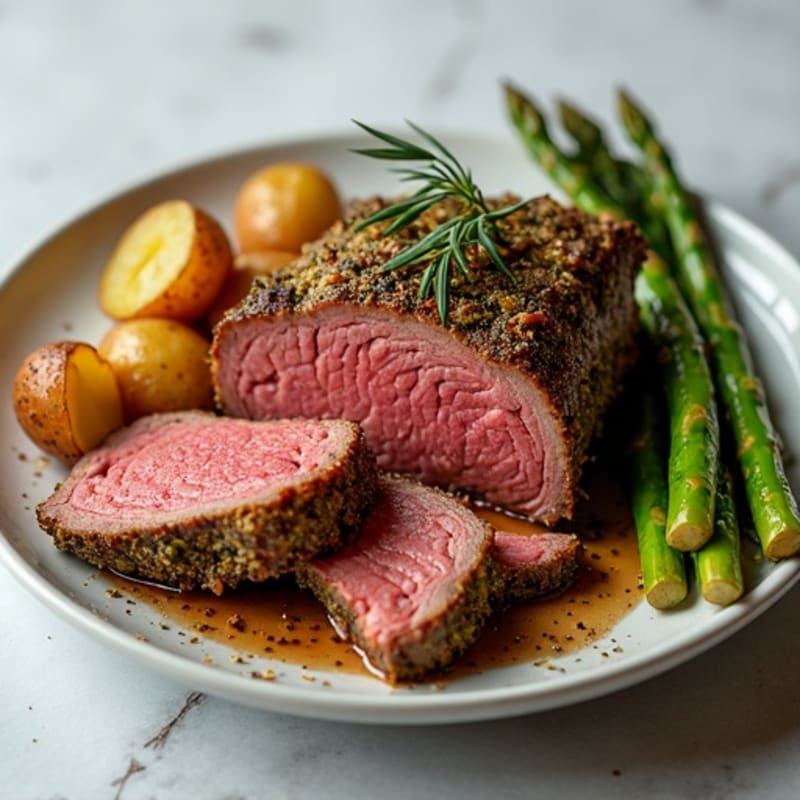 Herb-Crusted Roast Beef with Crispy Roasted Potatoes and Roasted Asparagus