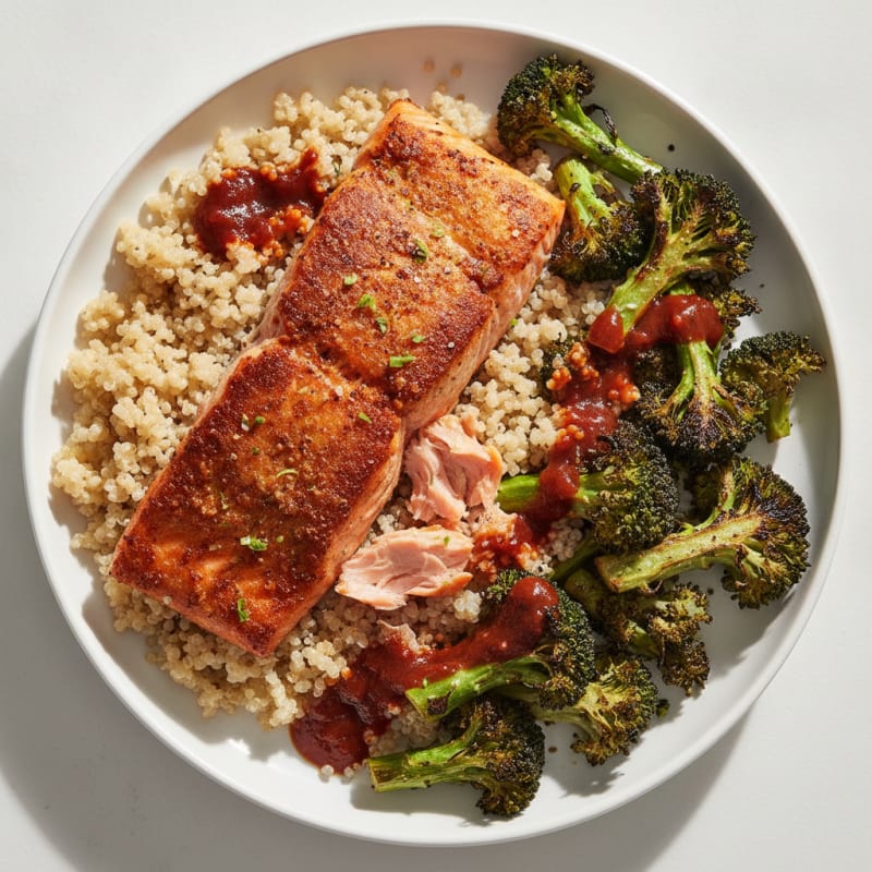 Oven-Baked Chipotle Salmon with Quinoa and Spiced Roasted Broccoli