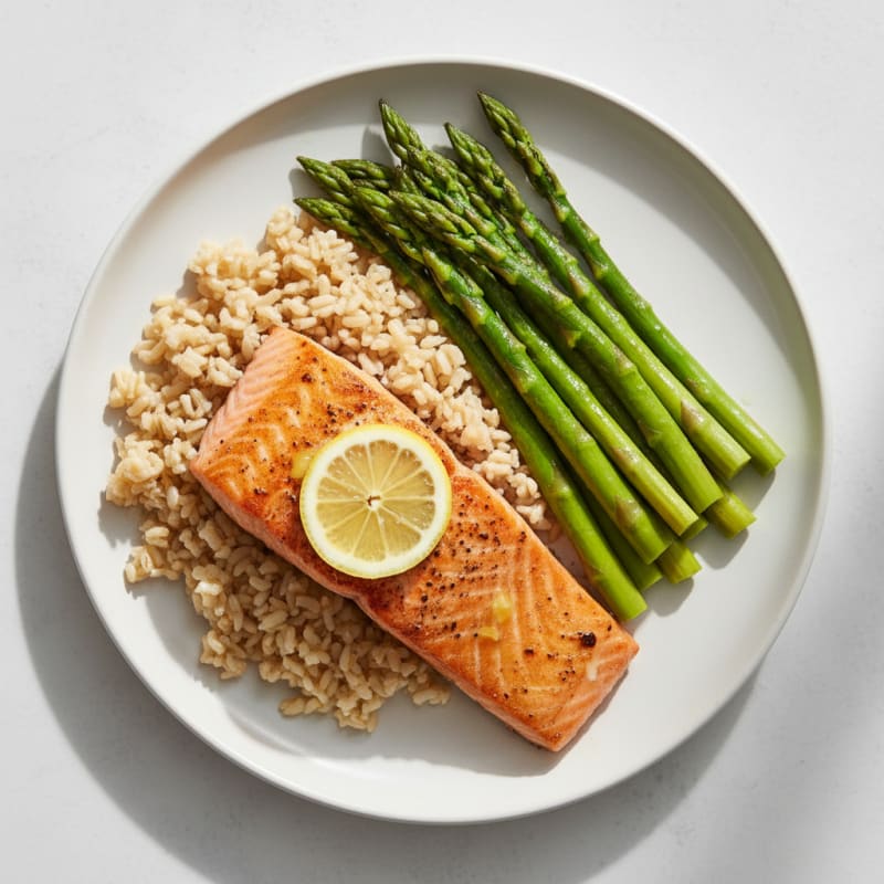 Pan-Seared Salmon with Steamed Asparagus and Brown Rice