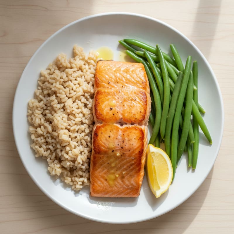 Seared Salmon Fillet with Steamed Green Beans and Brown Rice