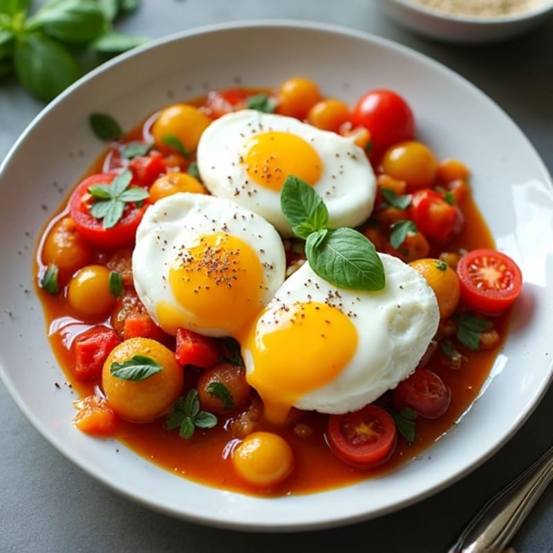 Poached Eggs with Savory Tomato and Bell Pepper Sauce