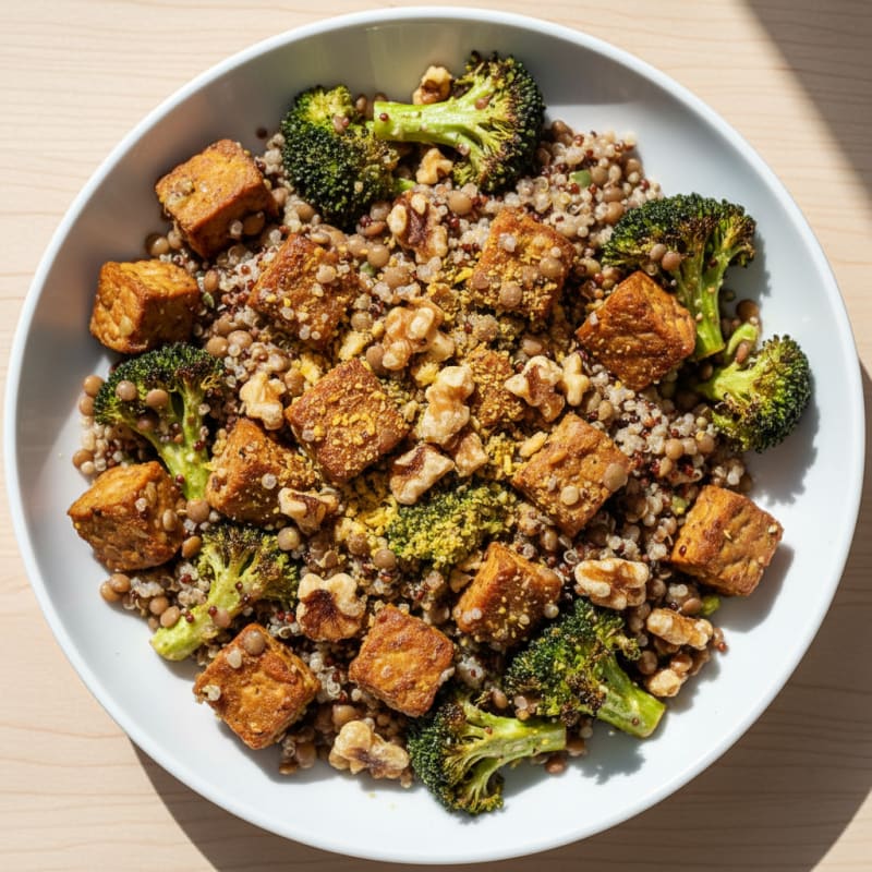 Lentil Walnut Power Bowl with Quinoa and Roasted Broccoli