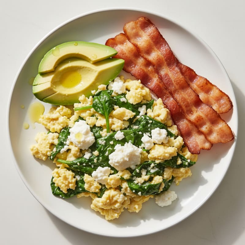 Cottage Cheese Egg Scramble with Spinach and Turkey Bacon