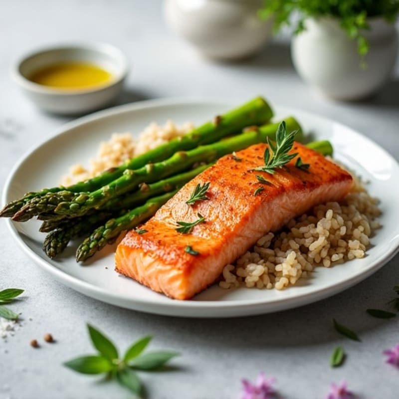 Seared Salmon with Steamed Asparagus and Brown Rice