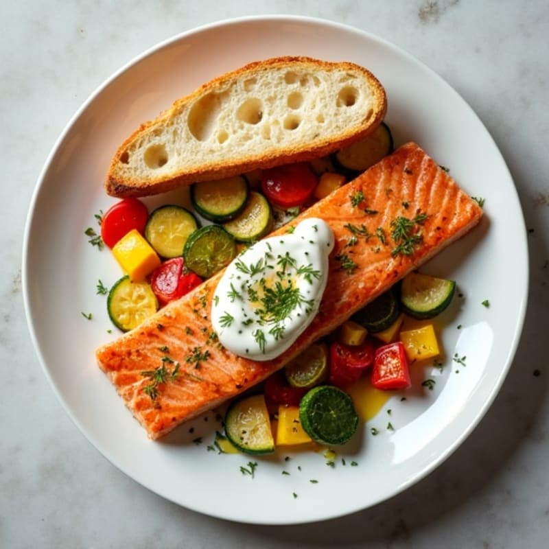 Seared Salmon with Roasted Vegetables and Lemon Yogurt Sauce