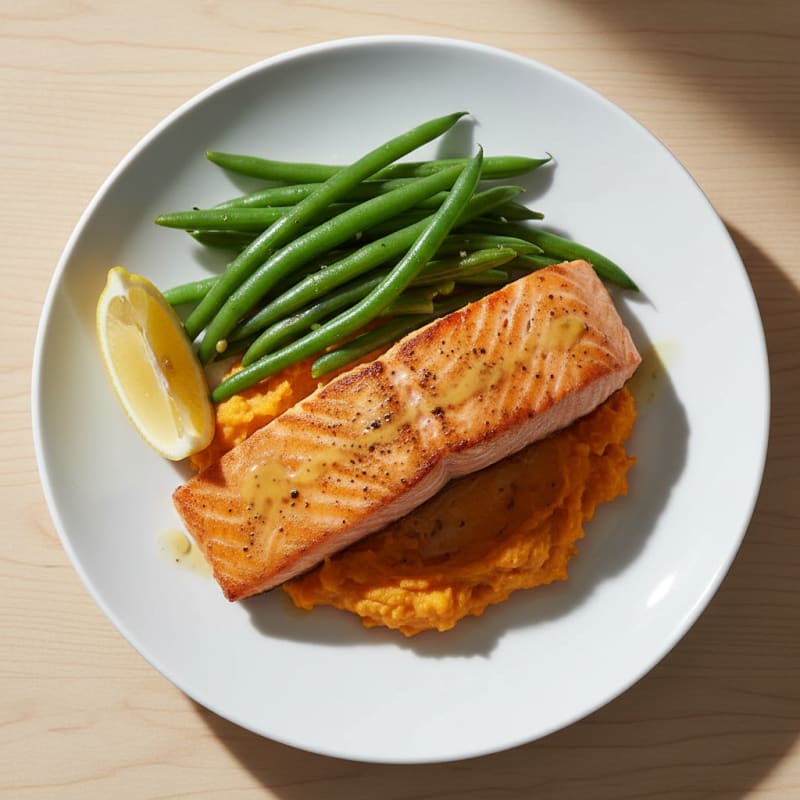 Seared Salmon with Steamed Green Beans and Sweet Potato Mash