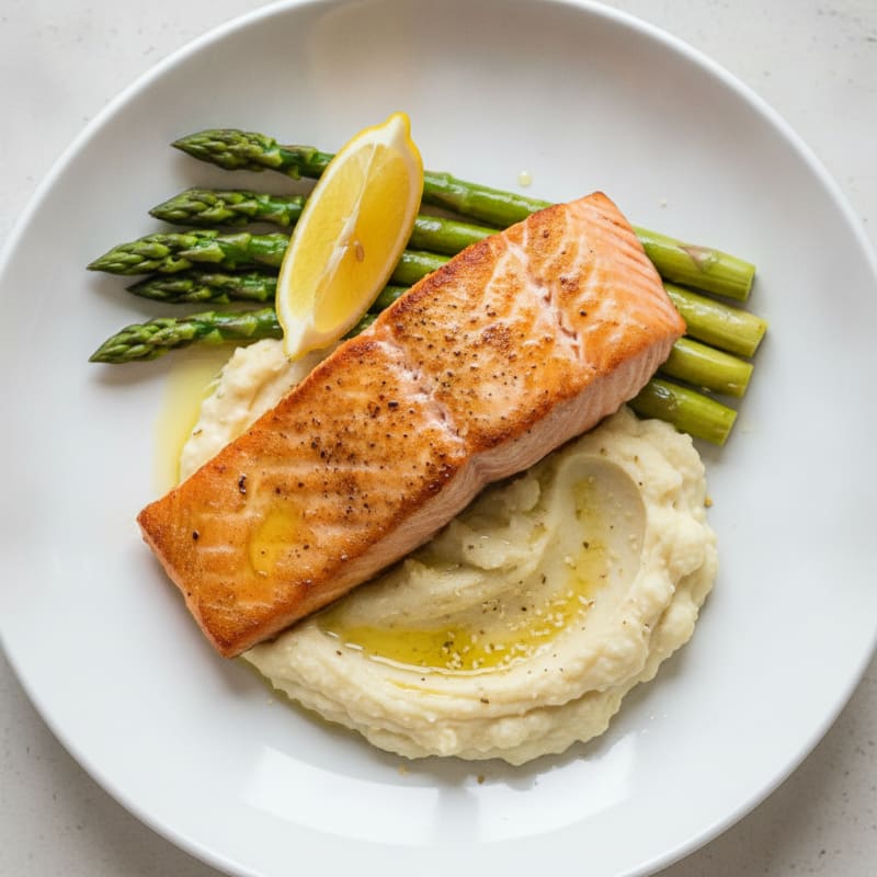 Seared Salmon with Steamed Asparagus and Cauliflower Mash