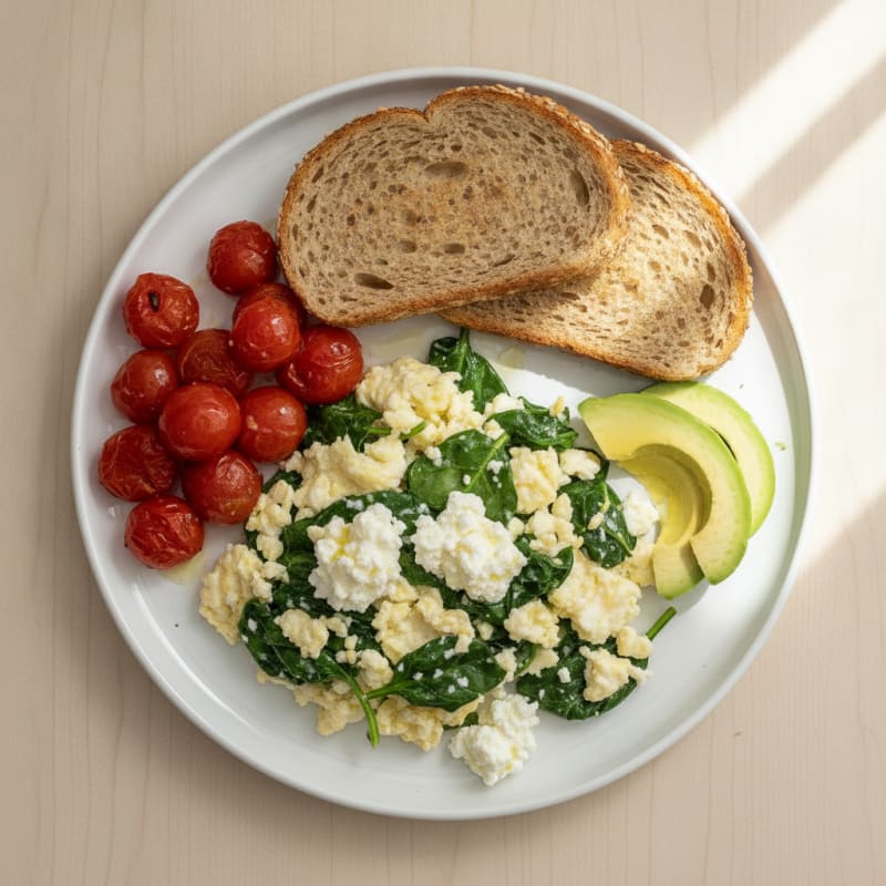 Egg White and Spinach Scramble with Cottage Cheese and Cherry Tomatoes