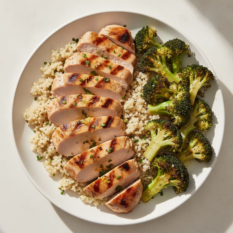 Grilled Lemon-Garlic Turkey Breast with Quinoa and Roasted Broccoli