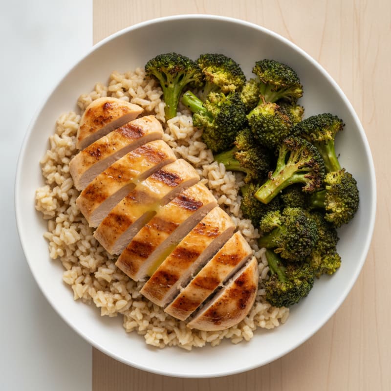 Grilled Chicken and Brown Rice Bowl with Roasted Broccoli