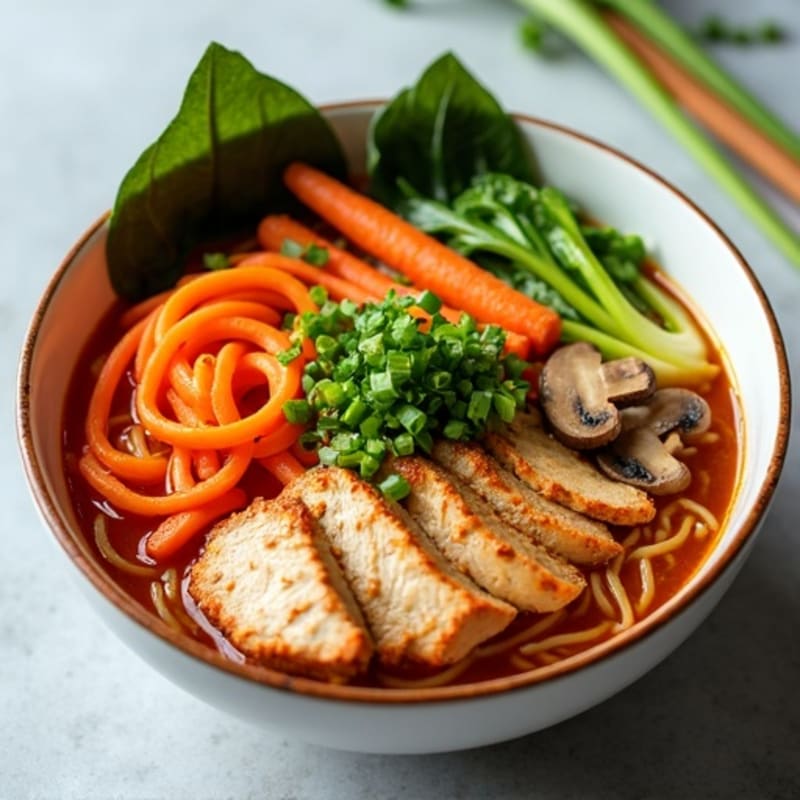 Spicy Sriracha Chicken Ramen with Fresh Vegetables