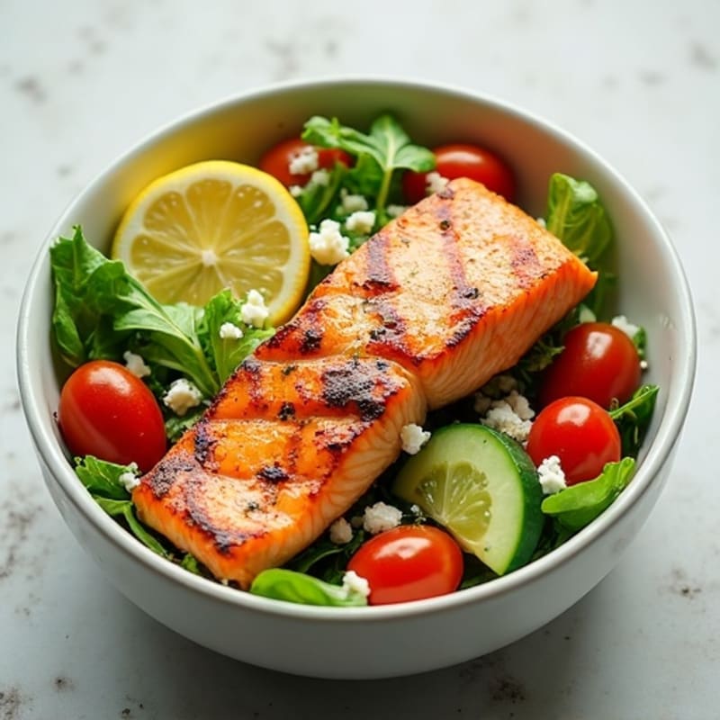 Grilled Salmon Crunchy Salad Bowl with Lemon Vinaigrette