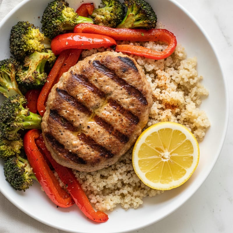 Grilled Turkey Burger Bowl with Roasted Veggies and Quinoa